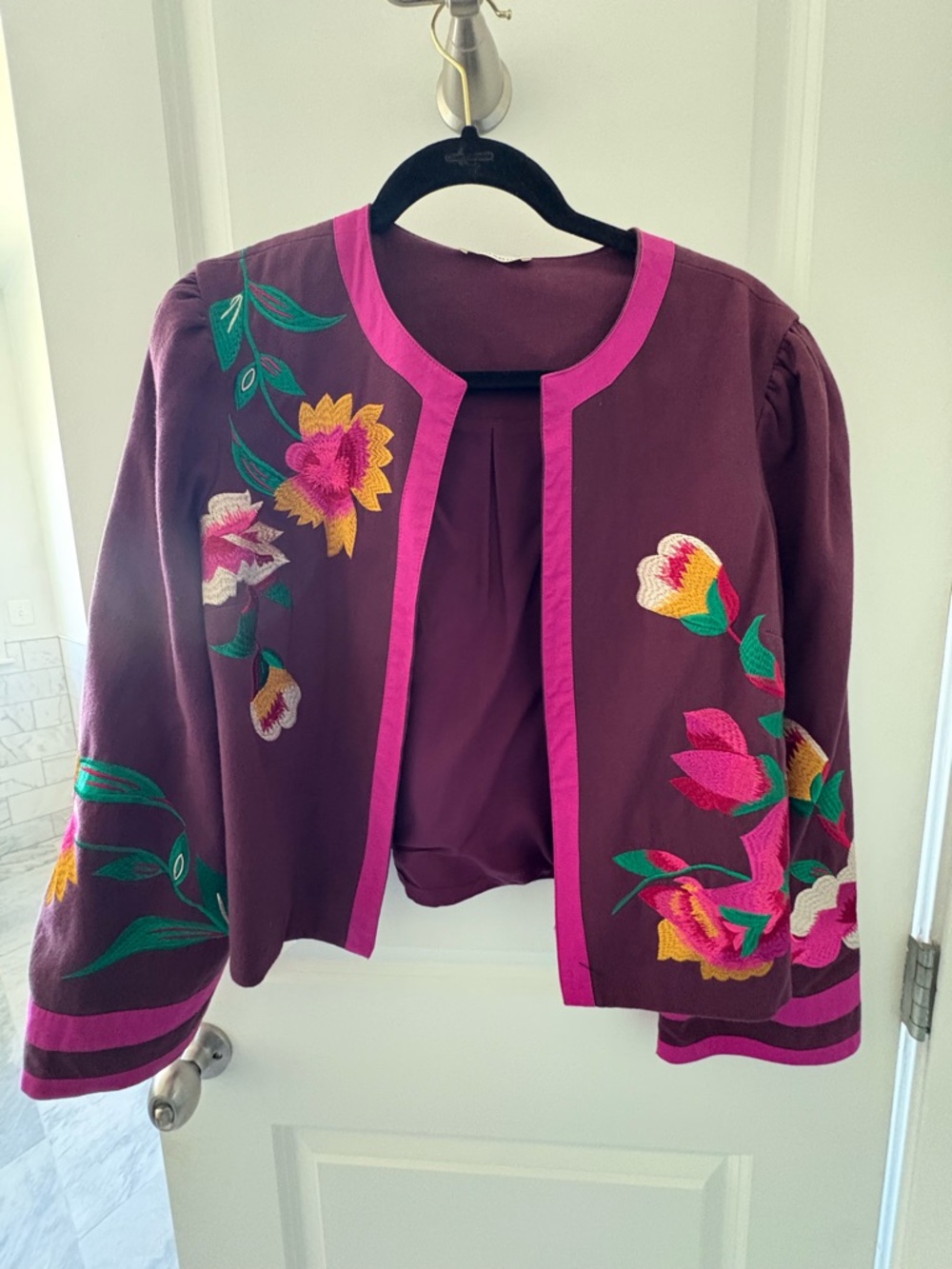 Monsoon Embroidered Open Jacket - Purple with Pink Trim